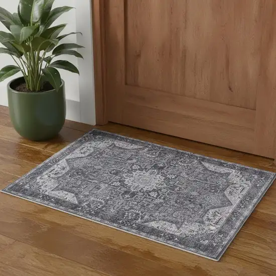 Charcoal And Gray Floral Distressed Area Rug Photo 1