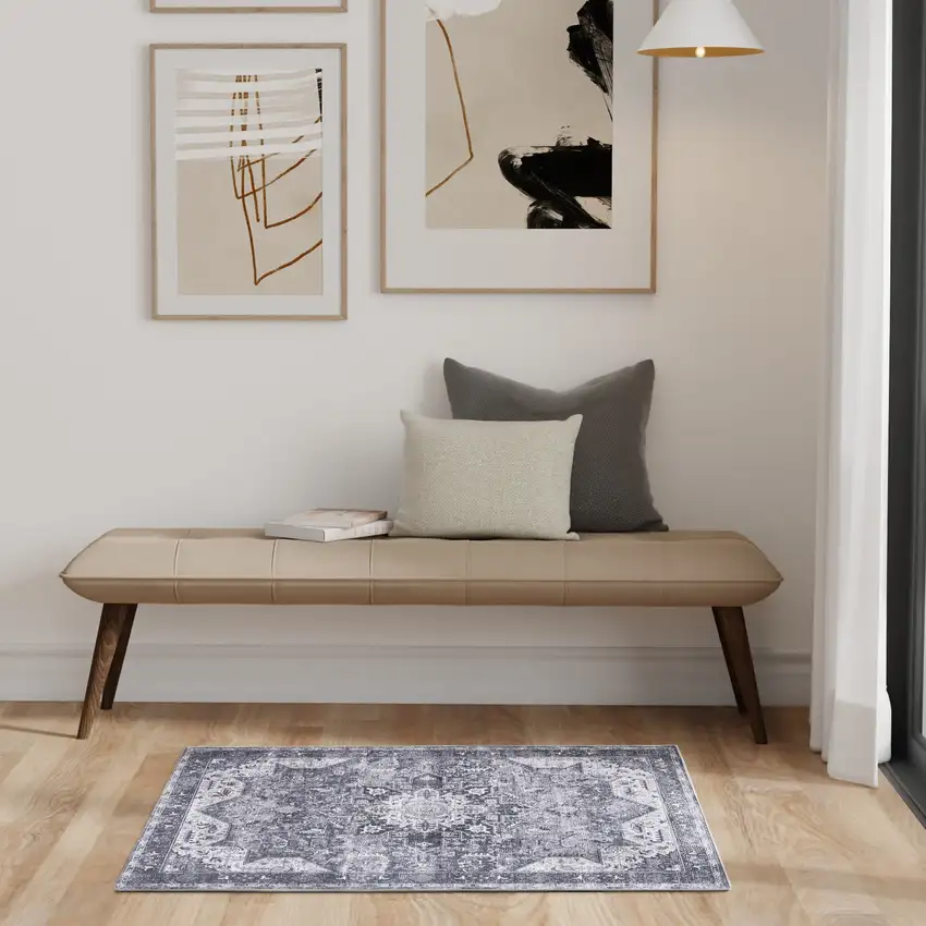 Charcoal And Gray Floral Distressed Area Rug Photo 6