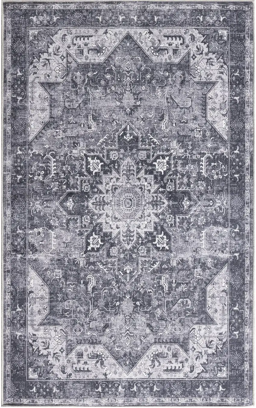 Charcoal And Gray Floral Distressed Area Rug Photo 7