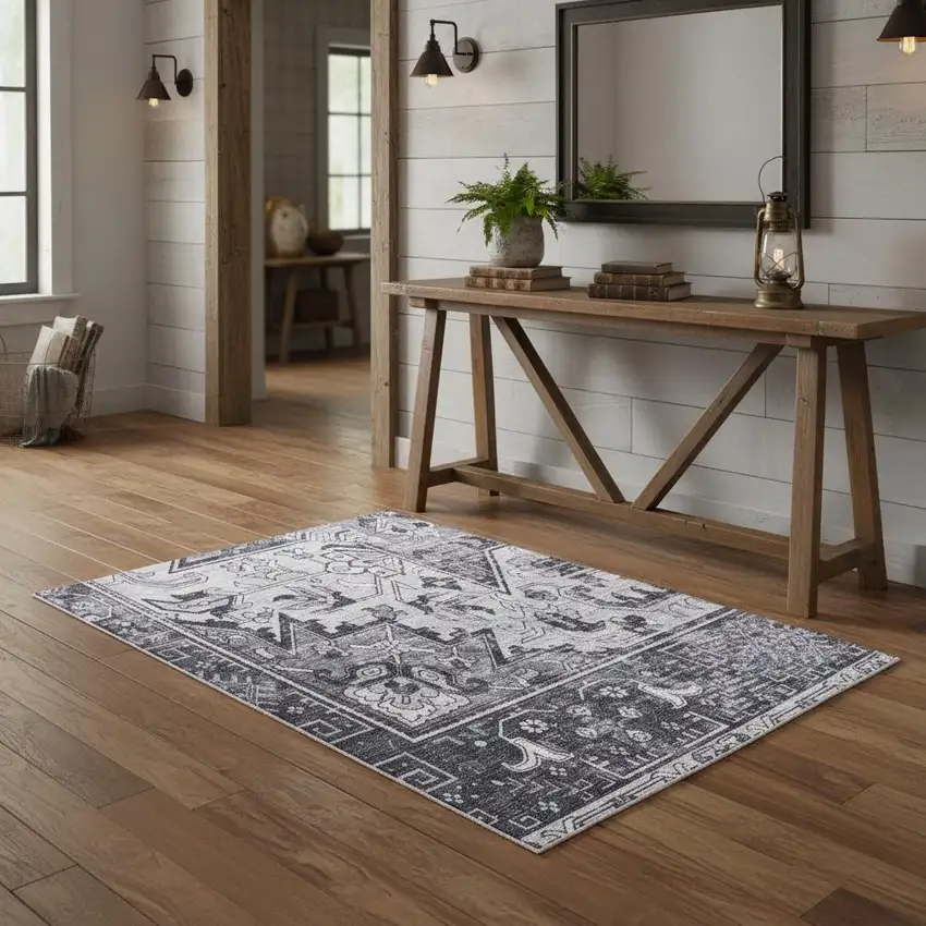 Charcoal And Gray Floral Distressed Area Rug Photo 1