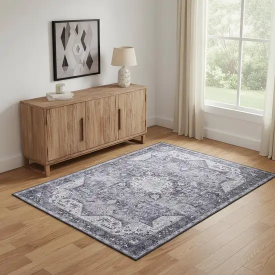 Charcoal And Gray Floral Distressed Area Rug Photo 1