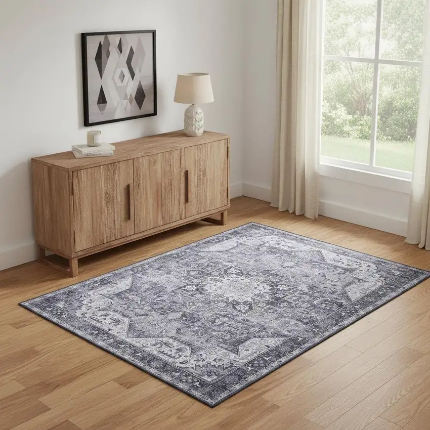 Charcoal And Gray Floral Distressed Area Rug Photo 1