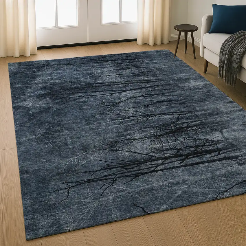 Charcoal And Gray Floral Washable Area Rug With UV Protection Photo 5