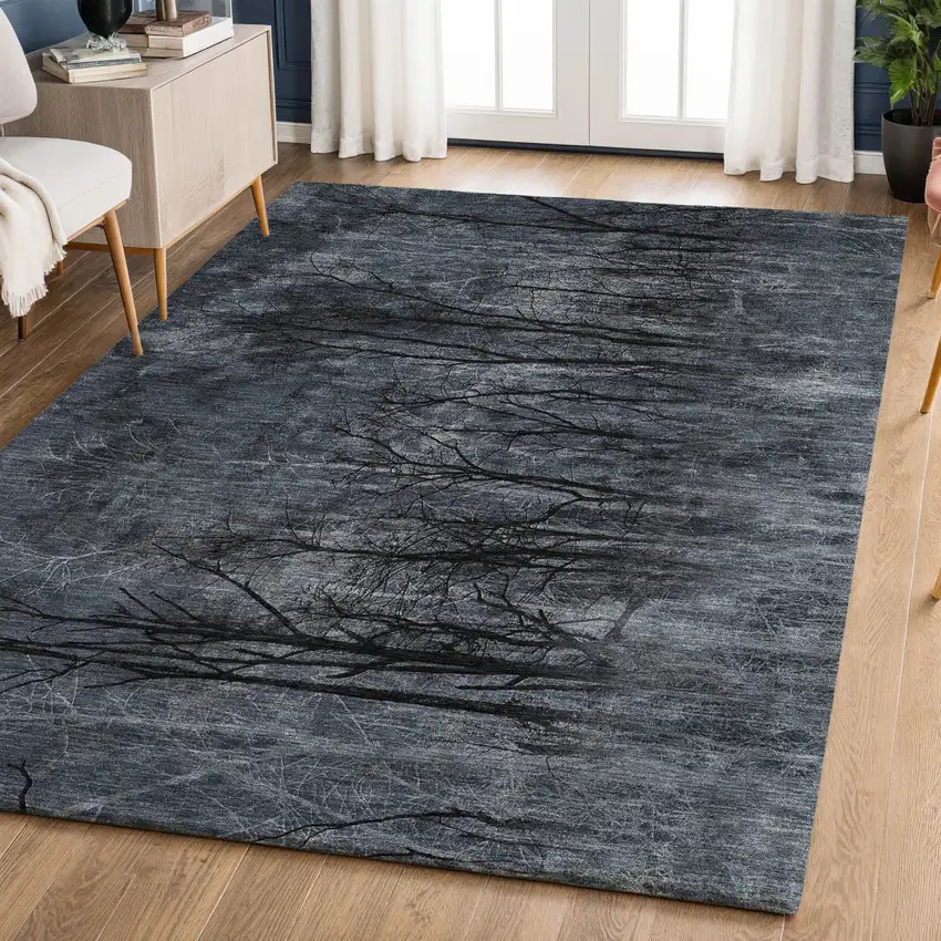 Charcoal And Gray Floral Washable Area Rug With UV Protection Photo 6