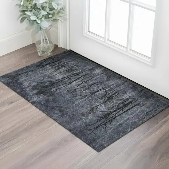 Charcoal And Gray Floral Washable Area Rug With UV Protection Photo 2