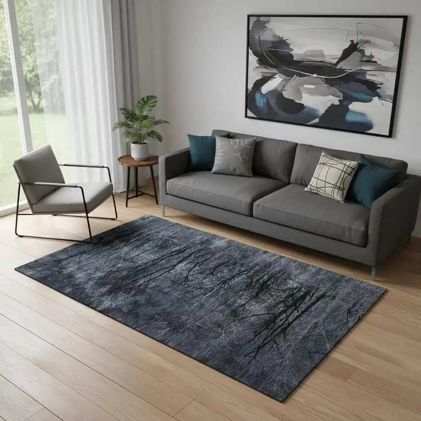 Charcoal And Gray Floral Washable Area Rug With UV Protection Photo 2