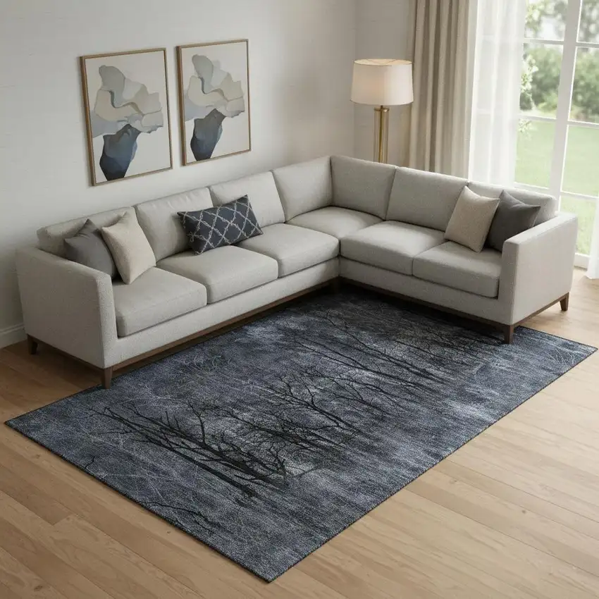 Charcoal And Gray Floral Washable Area Rug With UV Protection Photo 2