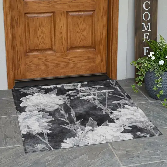 Charcoal And Gray Floral Washable Indoor Outdoor Area Rug Photo 1