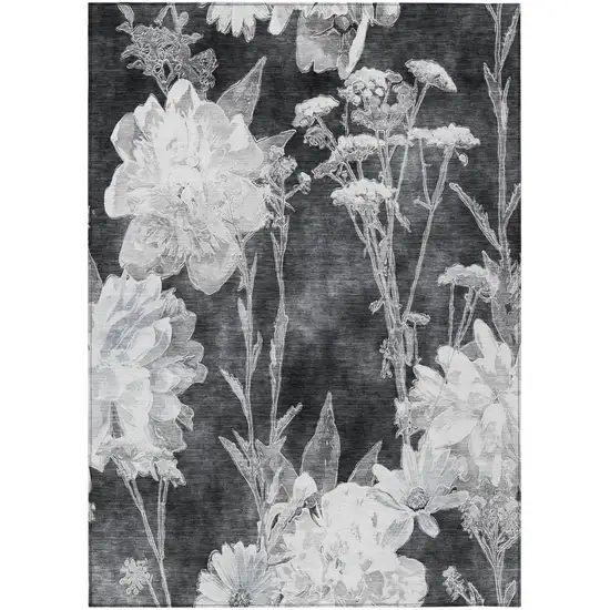 Charcoal And Gray Floral Washable Indoor Outdoor Area Rug Photo 2