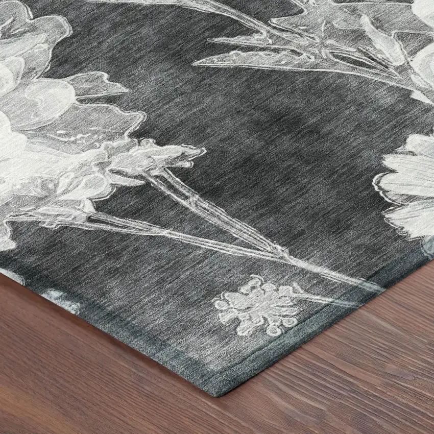 Charcoal And Gray Floral Washable Indoor Outdoor Area Rug Photo 3