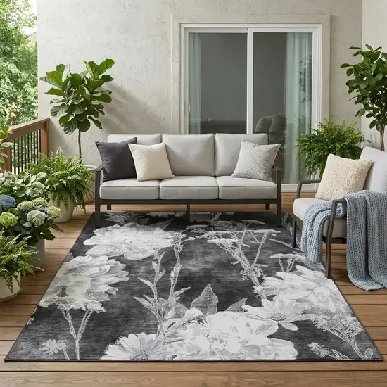 Charcoal And Gray Floral Washable Indoor Outdoor Area Rug Photo 1