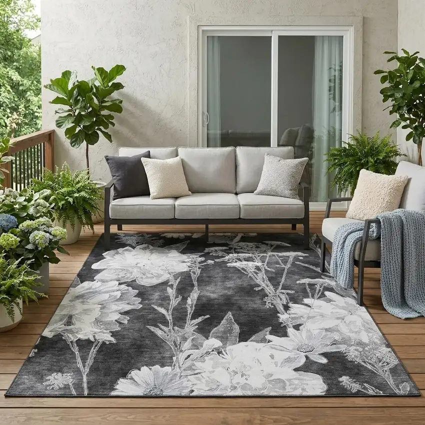 Charcoal And Gray Floral Washable Indoor Outdoor Area Rug Photo 1