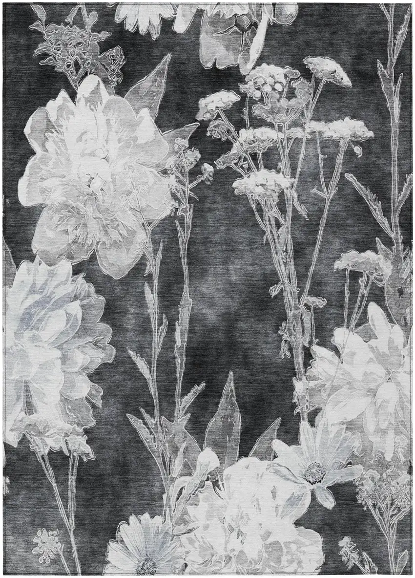 Charcoal And Gray Floral Washable Indoor Outdoor Area Rug Photo 2