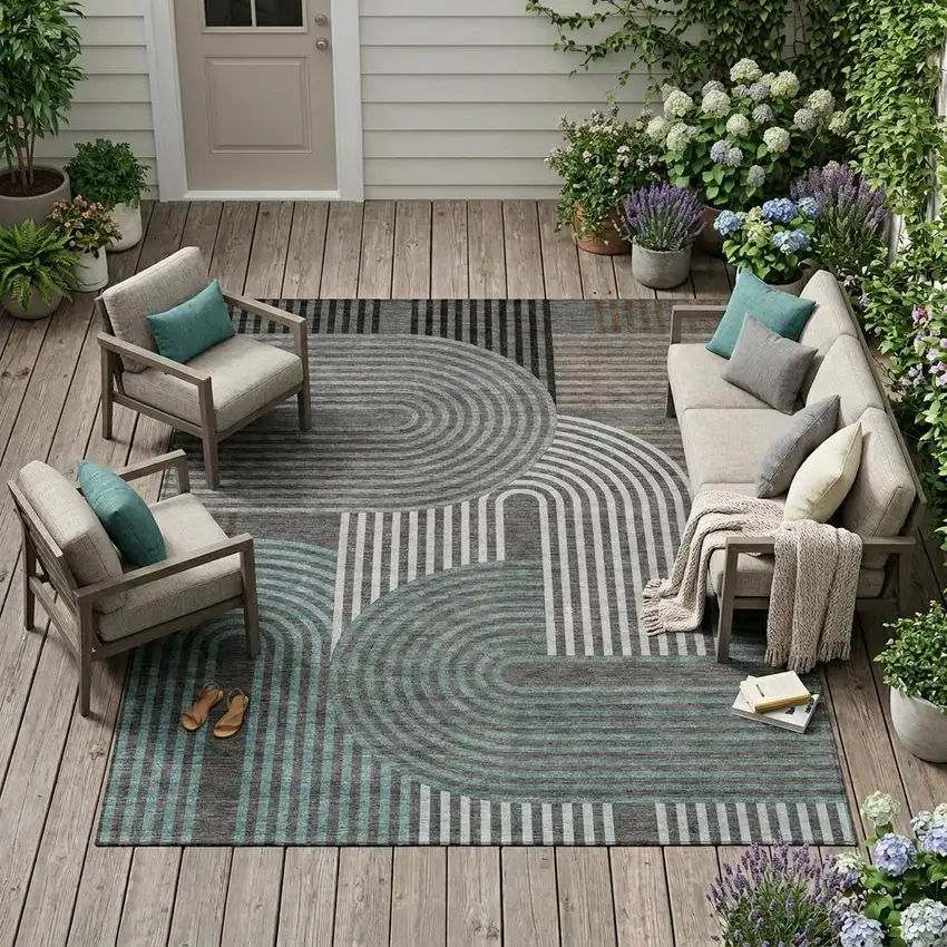 Charcoal And Gray Geometric Washable Indoor Outdoor Area Rug Photo 1
