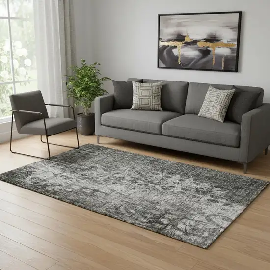 Charcoal And Gray Ikat Washable Area Rug With UV Protection Photo 1