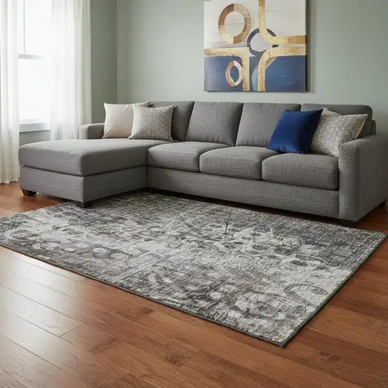 Charcoal And Gray Ikat Washable Area Rug With UV Protection Photo 1