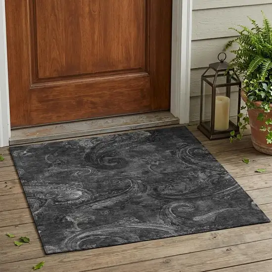 Charcoal And Gray Paisley Washable Indoor Outdoor Area Rug Photo 1