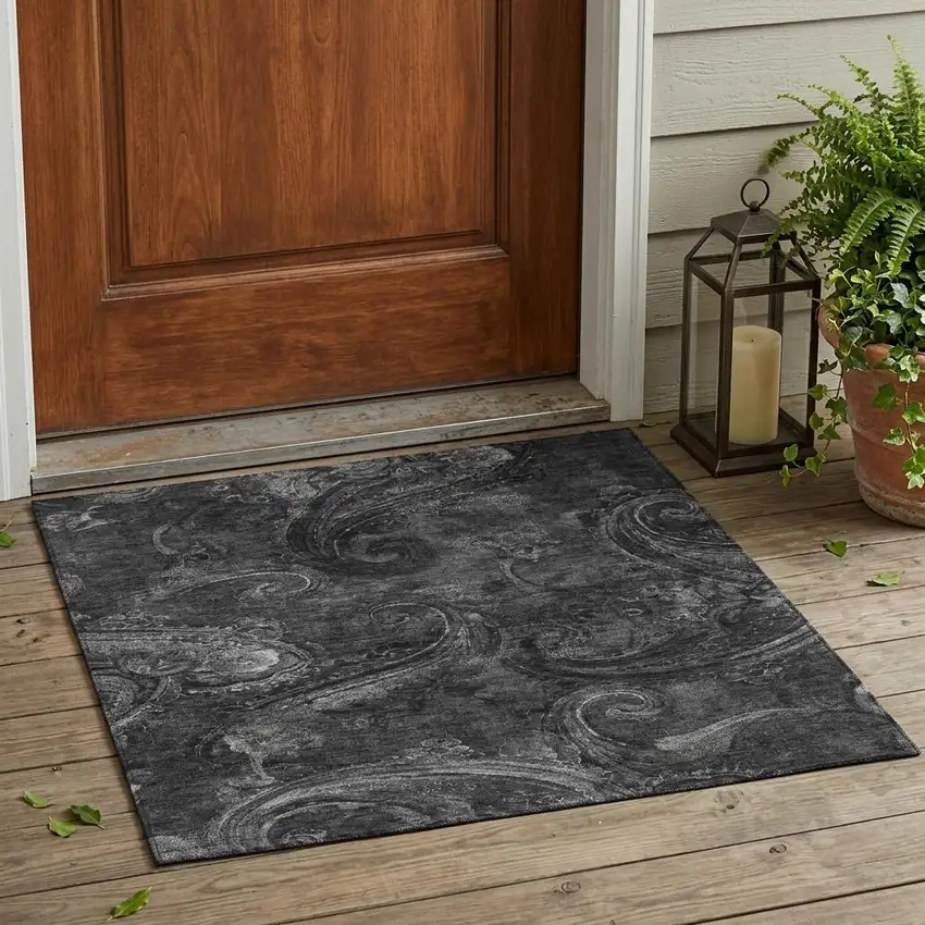 Charcoal And Gray Paisley Washable Indoor Outdoor Area Rug Photo 1