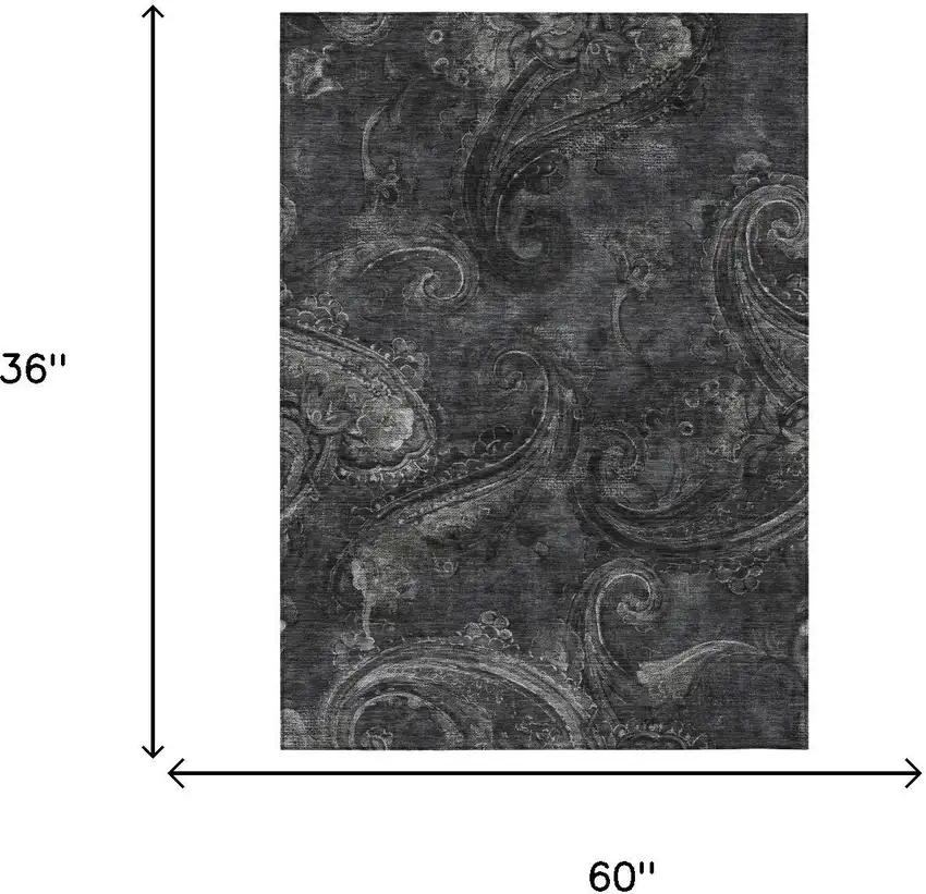 Charcoal And Gray Paisley Washable Indoor Outdoor Area Rug Photo 7
