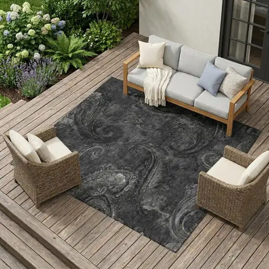 Charcoal And Gray Paisley Washable Indoor Outdoor Area Rug Photo 1