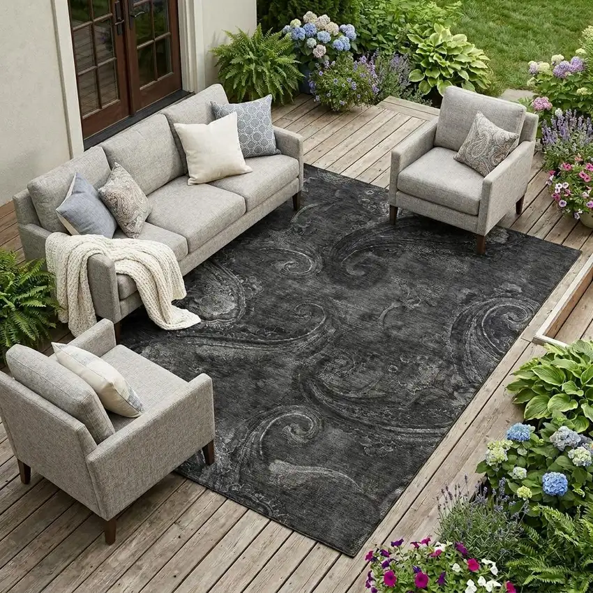Charcoal And Gray Paisley Washable Indoor Outdoor Area Rug Photo 1