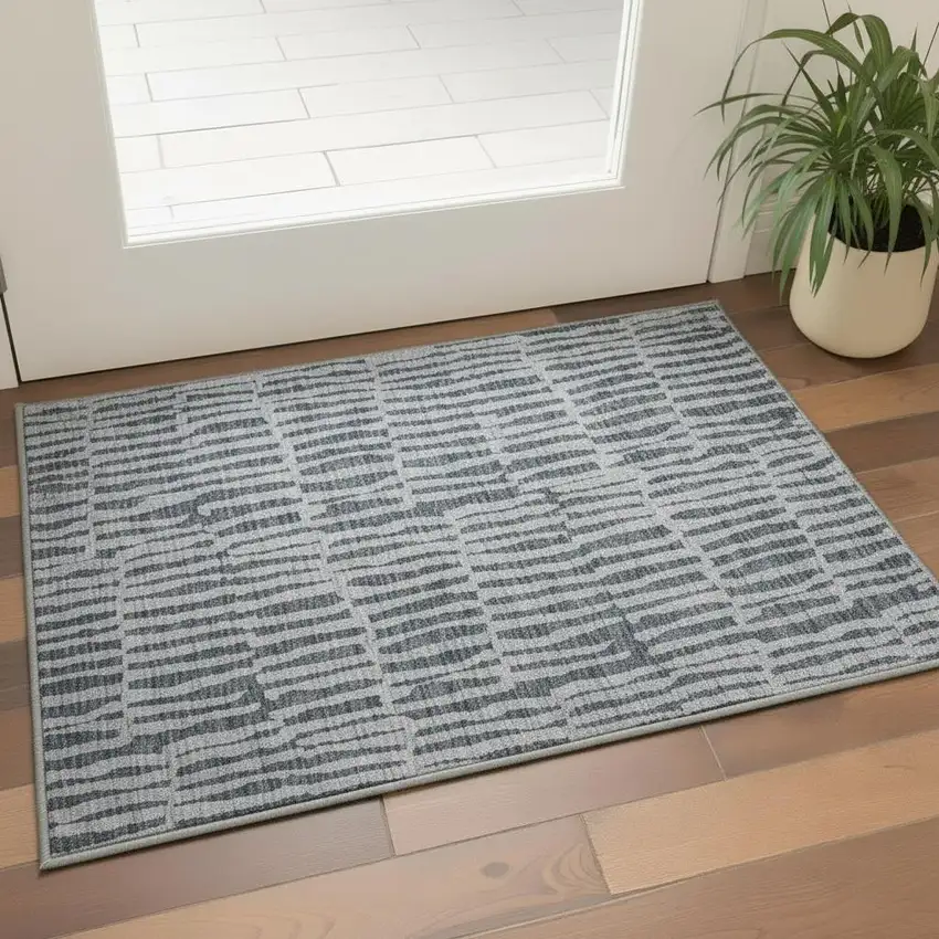 Charcoal And Gray Striped Washable Area Rug With UV Protection Photo 2