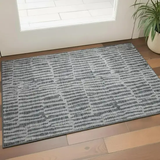 Charcoal And Gray Striped Washable Area Rug With UV Protection Photo 1