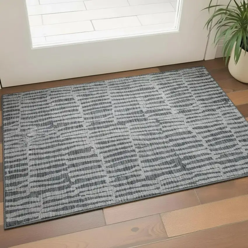 Charcoal And Gray Striped Washable Area Rug With UV Protection Photo 1