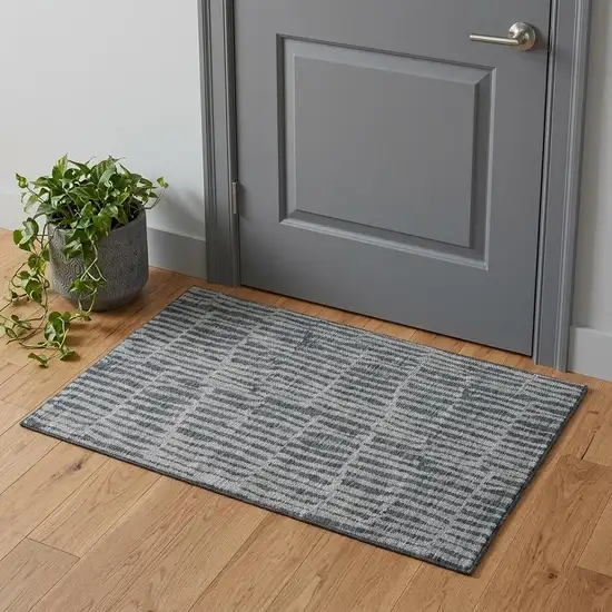 Charcoal And Gray Striped Washable Area Rug With UV Protection Photo 1