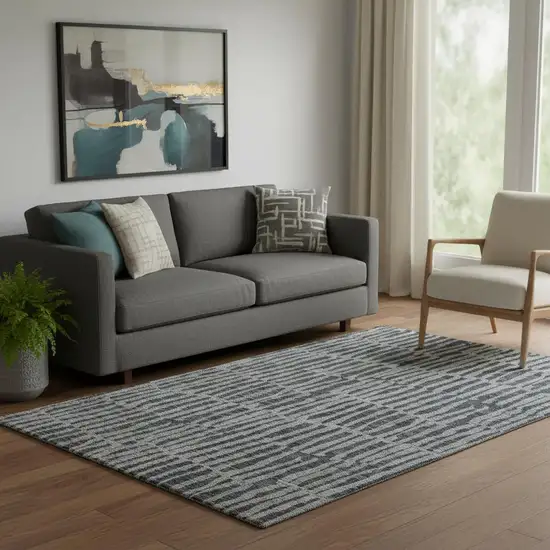 Charcoal And Gray Striped Washable Area Rug With UV Protection Photo 1