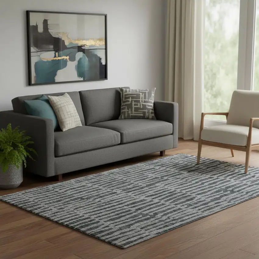 Charcoal And Gray Striped Washable Area Rug With UV Protection Photo 1