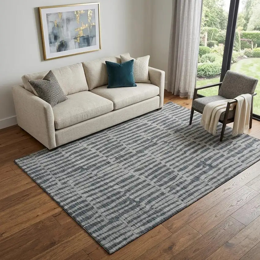 Charcoal And Gray Striped Washable Area Rug With UV Protection Photo 1