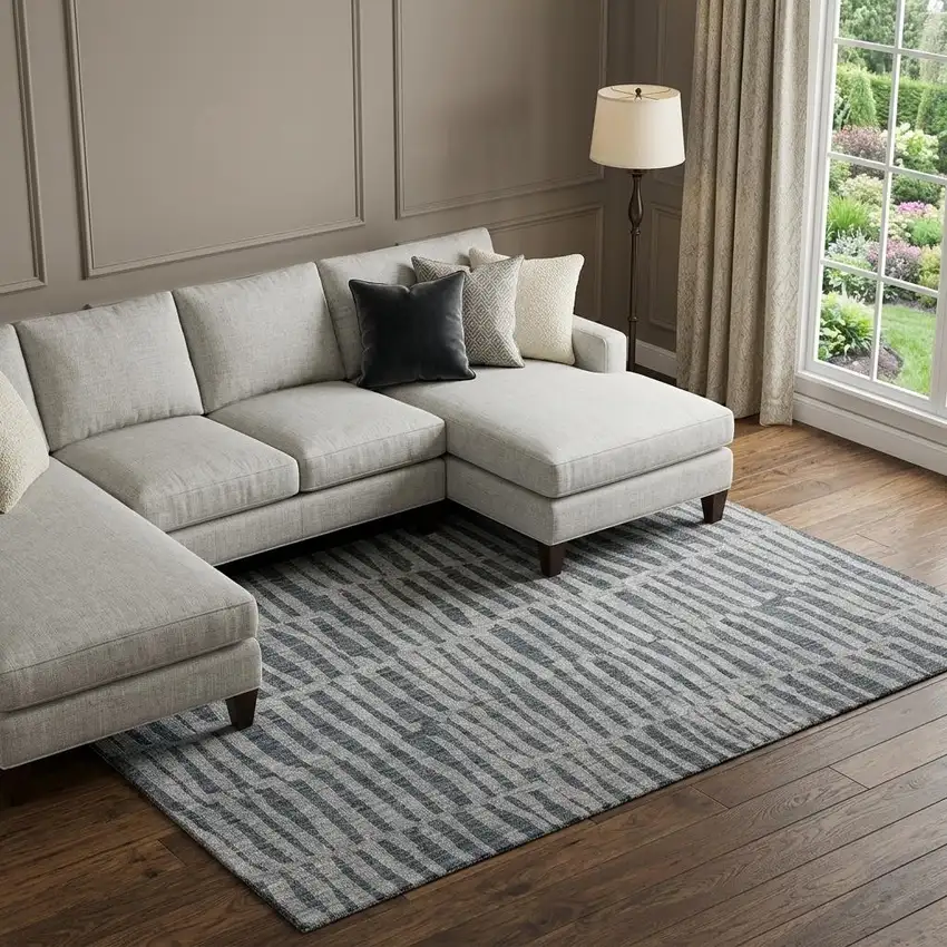 Charcoal And Gray Striped Washable Area Rug With UV Protection Photo 1