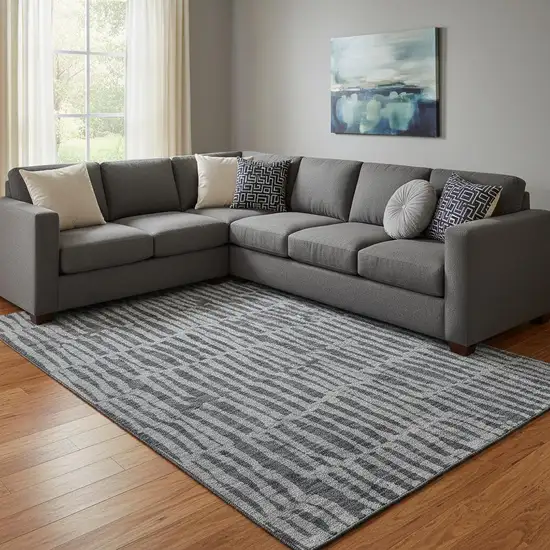 Charcoal And Gray Striped Washable Area Rug With UV Protection Photo 1