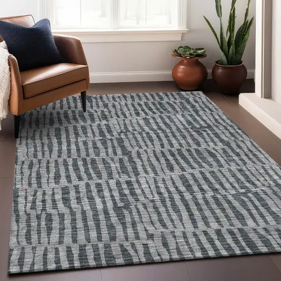 Charcoal And Gray Striped Washable Area Rug With UV Protection Photo 4