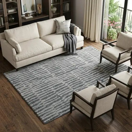 Charcoal And Gray Striped Washable Area Rug With UV Protection Photo 1