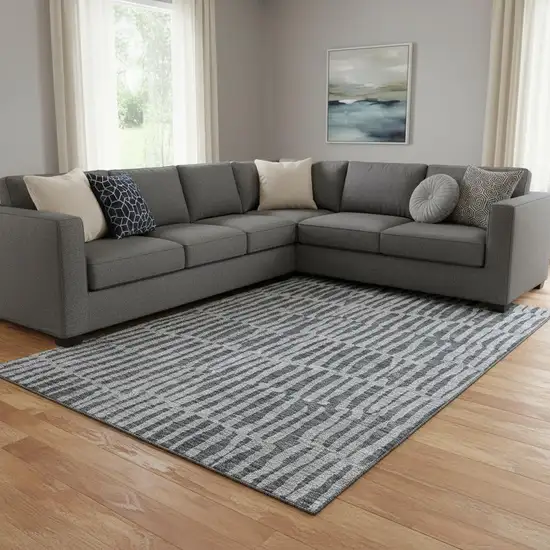 Charcoal And Gray Striped Washable Area Rug With UV Protection Photo 1