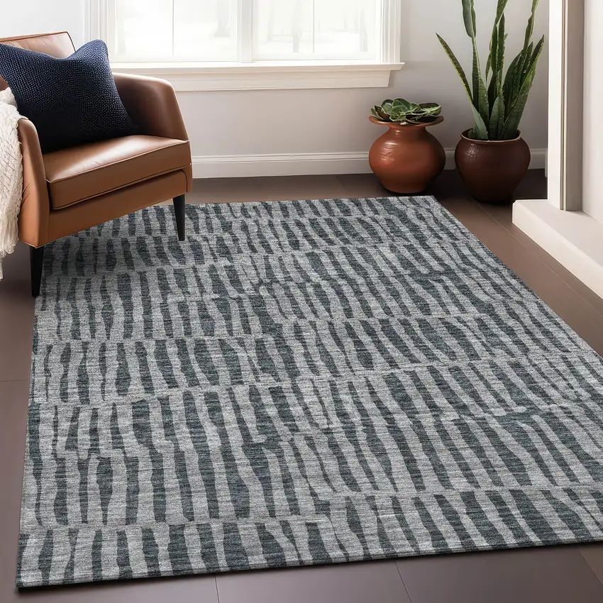 Charcoal And Gray Striped Washable Area Rug With UV Protection Photo 4
