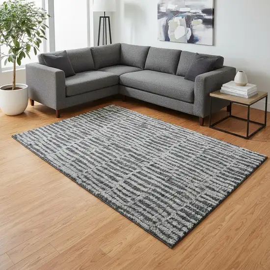 Charcoal And Gray Striped Washable Area Rug With UV Protection Photo 1