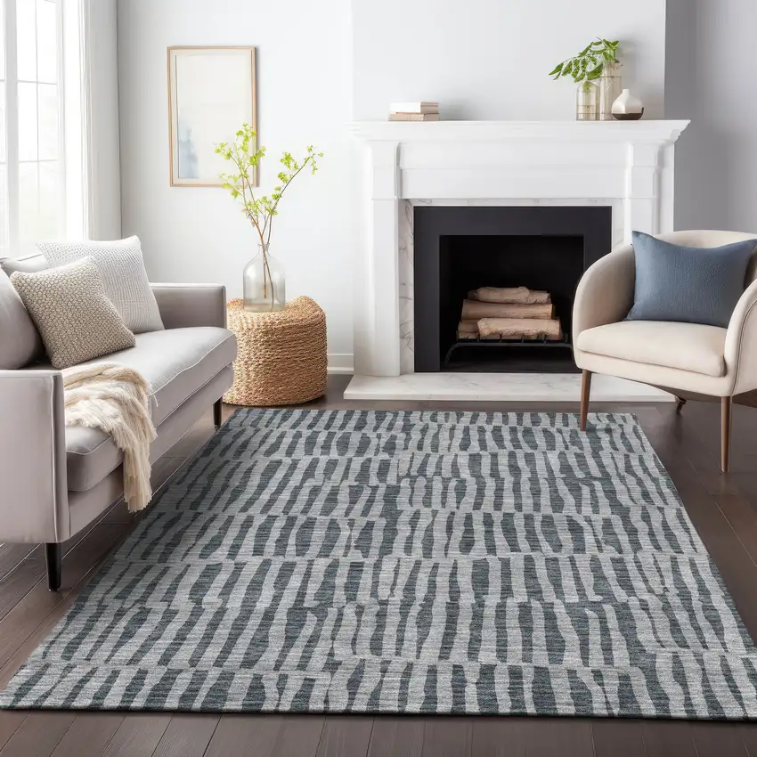 Charcoal And Gray Striped Washable Area Rug With UV Protection Photo 5