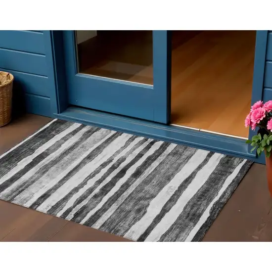 Charcoal And Gray Striped Washable Indoor Outdoor Area Rug Photo 1