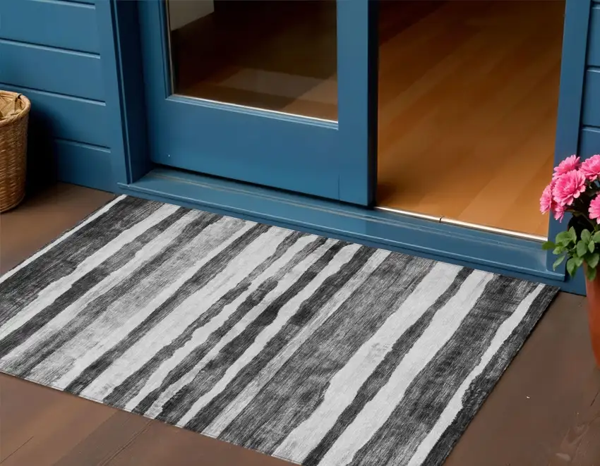 Charcoal And Gray Striped Washable Indoor Outdoor Area Rug Photo 1