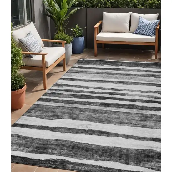 Charcoal And Gray Striped Washable Indoor Outdoor Area Rug Photo 1