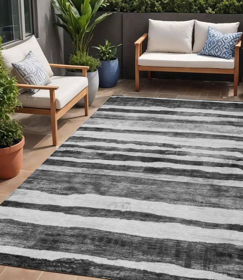 Charcoal And Gray Striped Washable Indoor Outdoor Area Rug Photo 1