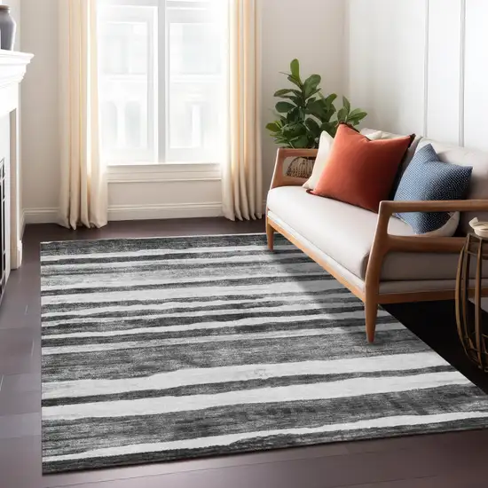 Charcoal And Gray Striped Washable Indoor Outdoor Area Rug Photo 9