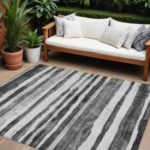 Photo of Charcoal And Gray Striped Washable Indoor Outdoor Area Rug