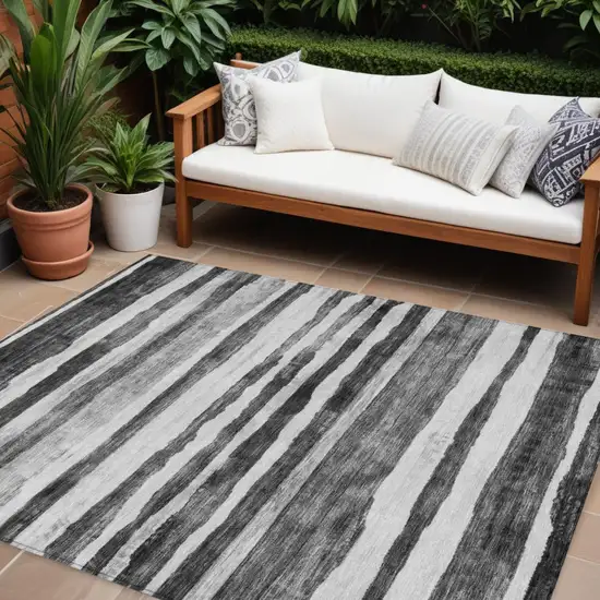 Charcoal And Gray Striped Washable Indoor Outdoor Area Rug Photo 1