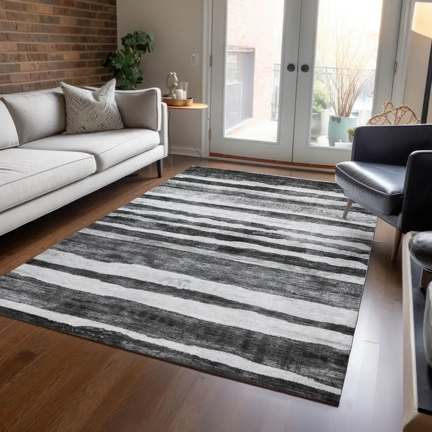 Charcoal And Gray Striped Washable Indoor Outdoor Area Rug Photo 9