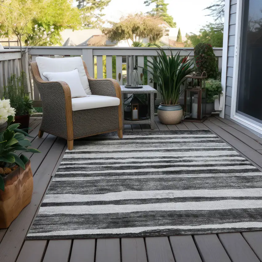 Charcoal And Gray Striped Washable Indoor Outdoor Area Rug Photo 8