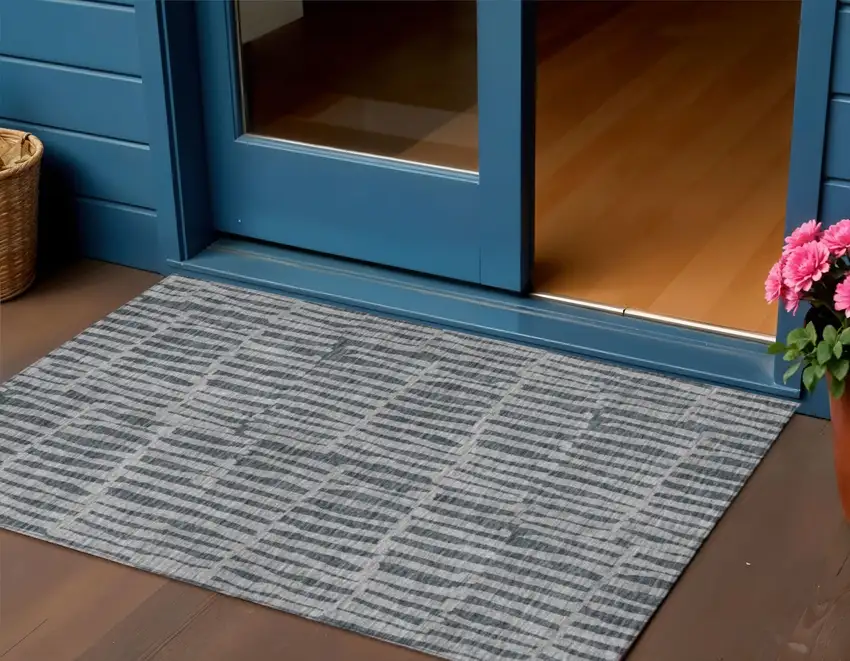 Charcoal And Gray Striped Washable Indoor Outdoor Area Rug Photo 1